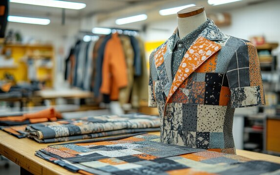 A striking patchwork jacket takes shape on a mannequin, showcasing intricate textile design and craftsmanship in a vibrant studio setting.