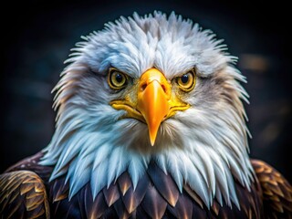 Obraz premium Sharp close-up of a bald eagle, its feathers detailed, a powerful bird of prey in nature.
