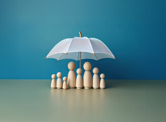 Wooden peg family figures stand protected under a white umbrella against a teal background.  A concept of family safety and security.