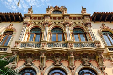 Obraz premium A detailed view of a historic buildings facade with intricate architectural details and ornate windows, A historic building with intricate architectural details