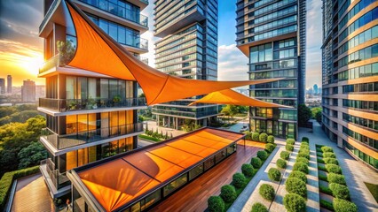 Fototapeta premium Sleek, dark orange triangle canopies offer sun protection to a contemporary skyscraper's urban facade.