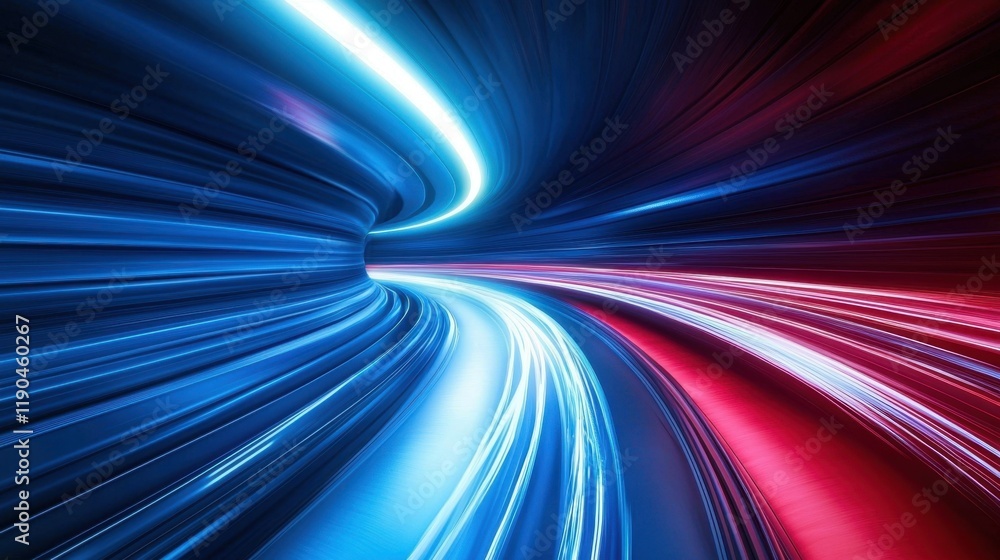 Poster intriguing light trails create a dynamic sense of motion through a futuristic tunnel in vibrant blue