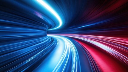 Intriguing light trails create a dynamic sense of motion through a futuristic tunnel in vibrant blue and red hues