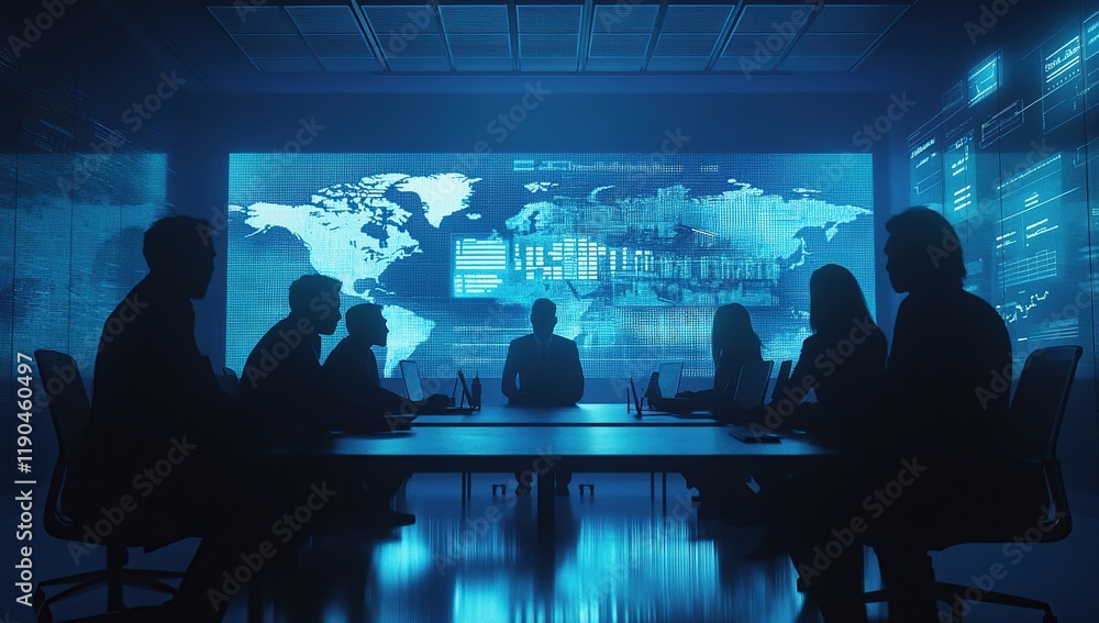 Poster global team analyzes data during a strategic meeting, utilizing technology for insights and decision