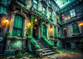 Fototapeta premium St. Patrick's Day surprise: elegant holiday decorations grace an abandoned building, captured in stunning urban exploration photography.