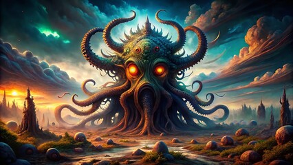 Obraz premium Aerial View of a Tentacled Eldritch Horror with Glowing Eyes in a Desolate Landscape