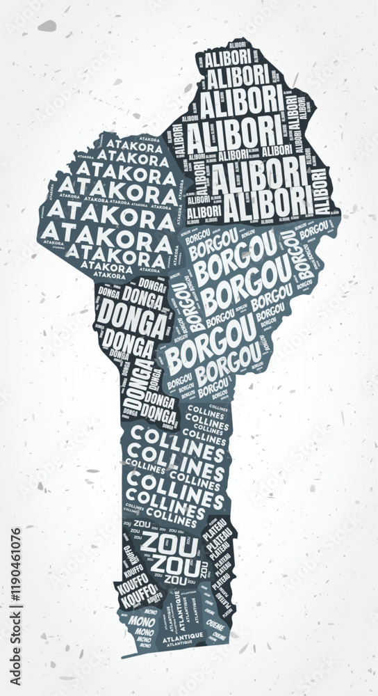Poster benin regions word cloud. country shape on textured background. benin design in typographic style. c