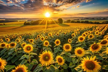 Obraz premium Aerial View of Autumn Sunflower Field, Bright Yellow Blooms, Golden Hour Sunlight