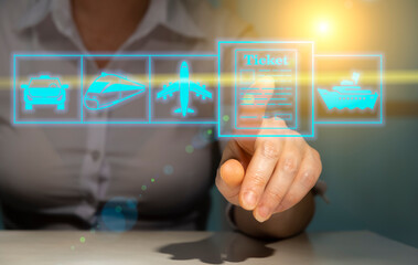 Woman passenger clicks on e-ticket on interactive screen of gadget when choosing, booking and purchasing online. Electronic tickets for public transport