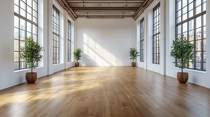 An empty modern office space with large windows and wood floors offers a minimalist and elegant design