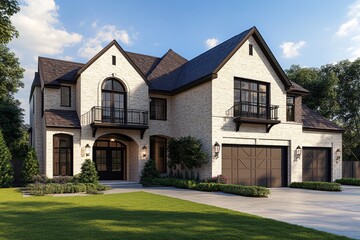 Fototapeta premium Realistic 3d render of a modern two story house with landscaping, garage, and patios