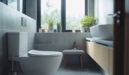 Modern Bathroom Design: Serene Space with Plants and Grey Tiles, Featuring a Minimalist Toilet and Vanity.