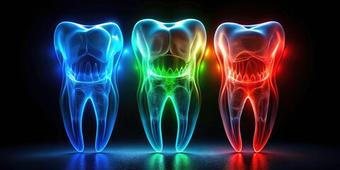Naklejka premium Three teeth, dramatically lit by long exposure, showcase unique textures and forms in captivating dental imagery.