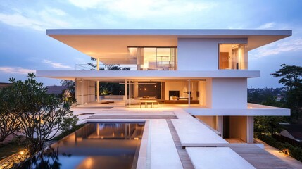 Fototapeta premium Night-lit minimalist home with white walls, pool, and spacious terrace.
