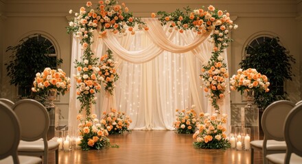 Elegant wedding ceremony backdrop, ornate floral arch, crystal chandelier, peach and white roses, greenery garlands, romantic lighting, luxurious indoor venue, draped curtains, symmetrical floral arra