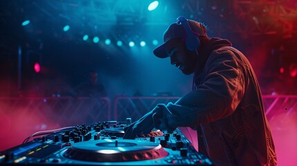 A man is playing a DJ set in a club