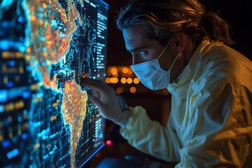 Scientist analyzing global data on a digital world map