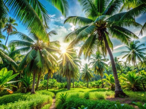 Vibrant island scene: lush coconut and banana trees bask in the sun's golden glow.