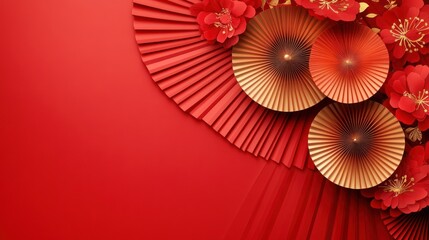 Obraz premium Red Paper Fans and Blossoms: A Festive Asian Art Design