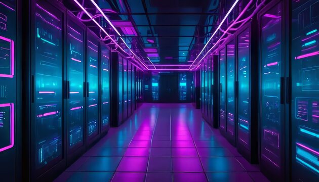 Futuristic Server Room with Neon Lighting and Digital Overlay