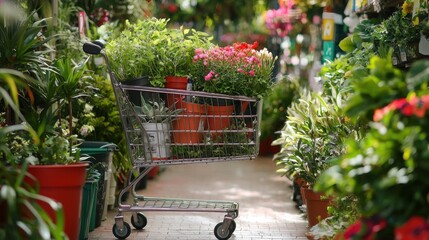 Shopping cart filled with vibrant flowers in a lush garden center during a sunny afternoon