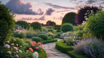 Fototapeta premium Well-maintained summer garden at dusk with blooming flowers and lush greenery