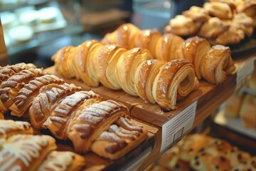 Close-up of assorted pastries on wooden shelves in a bakery, Delicate pastries and baked goods
