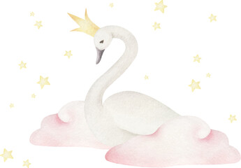 Watercolor vector composition of swan Princess. Cartoon swan with crown and cloud.