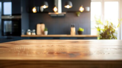 Wooden table in modern kitchen with blurred background. Wood rustic counter for product display, showcasing bright and clean interior design, ideal for cooking and home lifestyle