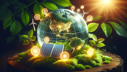 Fototapeta premium NetZero A glass globe containing the world map, resting on a bed of moss, with glowing symbols for green ene1