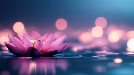 A serene pink lotus flower floats on calm water, illuminated by soft bokeh lights, creating a tranquil and peaceful atmosphere.