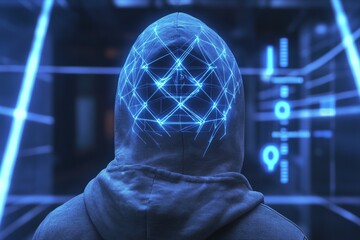Futuristic cyber scene  hooded figure with digital overlay amidst glowing holographic ui elements