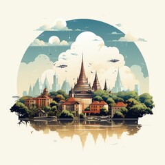Minimalistic Yangon Cityscape Illustration with Tranquil River and Buildings