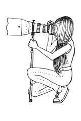 woman photographer take a photo using DSLR and tele lens attatched, simple vector illustration