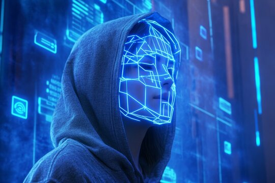 Mysterious hooded figure in cyberpunk scene with neon facial recognition and futuristic ui elements