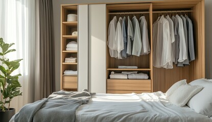 Modern Bedroom Wardrobe Design: Organized Clothes Storage with Sliding Doors and Drawers for Optimized Space