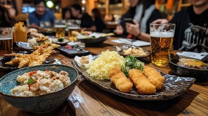 Obraz premium A Feast of Japanese Cuisine: Fried Delights and Refreshing Drinks