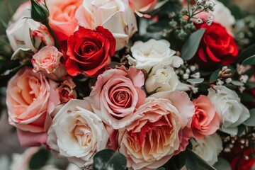 A close-up shot of a bouquet of roses in various shades of pink, red, and white, Bouquet of roses in shades of pink, red, and white