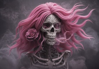 Skeleton with flowing pink hair, red rose in mouth, eerie portrait, gothic aesthetic, dark background, surreal imagery, digital art, hyper-detailed, dramatic lighting, 3D render, macabre beauty, fanta