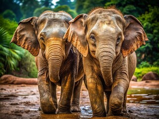 Fototapeta premium Adorable Muddy Elephant Duo at the Zoo: Close-Up Macro Photography