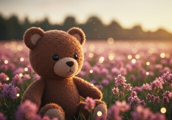 Fototapeta premium Teddy bear, flower field, sunset, pink wildflowers, golden hour, bokeh lights, soft focus, dreamy atmosphere, plush toy, childhood nostalgia, warm tones, nature photography, shallow depth of field, ro