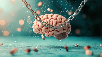 A symbolic chain breaking over a brain image, representing recovery.