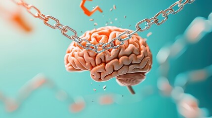 A symbolic chain breaking over a brain image, representing recovery.