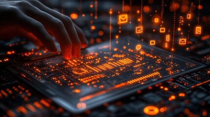 Hand interacting with glowing digital circuit board displaying messages.