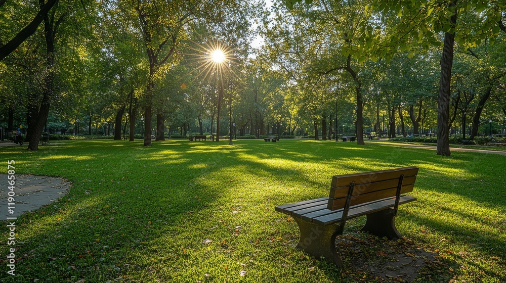 Poster sunlight filters through lush trees illuminating a park with green grass and benches creating a peac