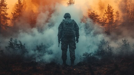 Naklejka premium Soldier standing amidst smoke and fire in a forest.
