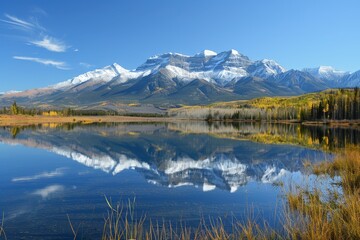 A tranquil mountain lake reflects the snow-covered peaks and autumn foliage of the surrounding mountains, A serene mountain lake reflecting the snow-capped peaks