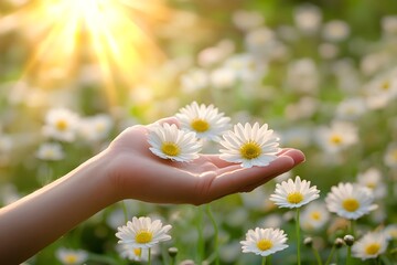 Hand Holding Daisies in Sunny Field