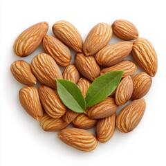 Almonds Arranged in Heart Shape with Green Leaves on White Background