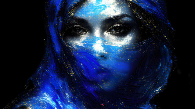 Portrait of a woman with metallized effect, face covered with blue transparent veil with sequins